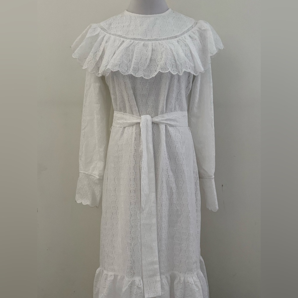MALOU-FEMMES || Elegant White Ruffled Bib Lace Dress. Sz. EU 38 - US 6 - Picture 2 of 13